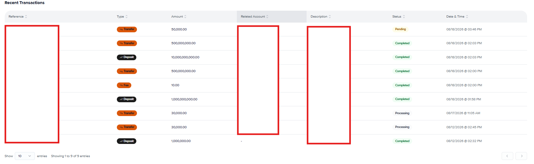Starks dashboard showing recent transactions and status