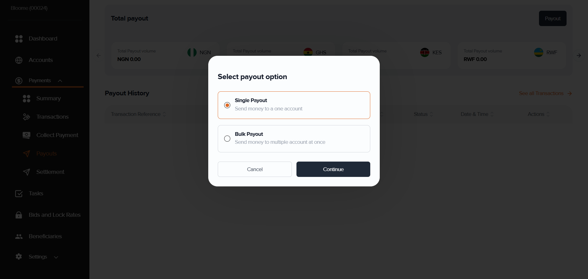 Starks dashboard showing a customer initiating a local payout